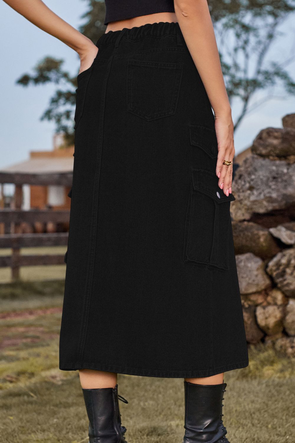 Slit Front Midi Denim Skirt Pockets (15)