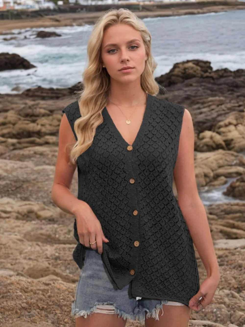 Button Down Eyelet V-neck Sweater Vest (8)
