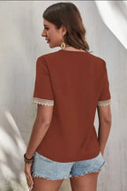 Full Size Lace Detail V-neck Short Sleeve Blouse Plus (3)