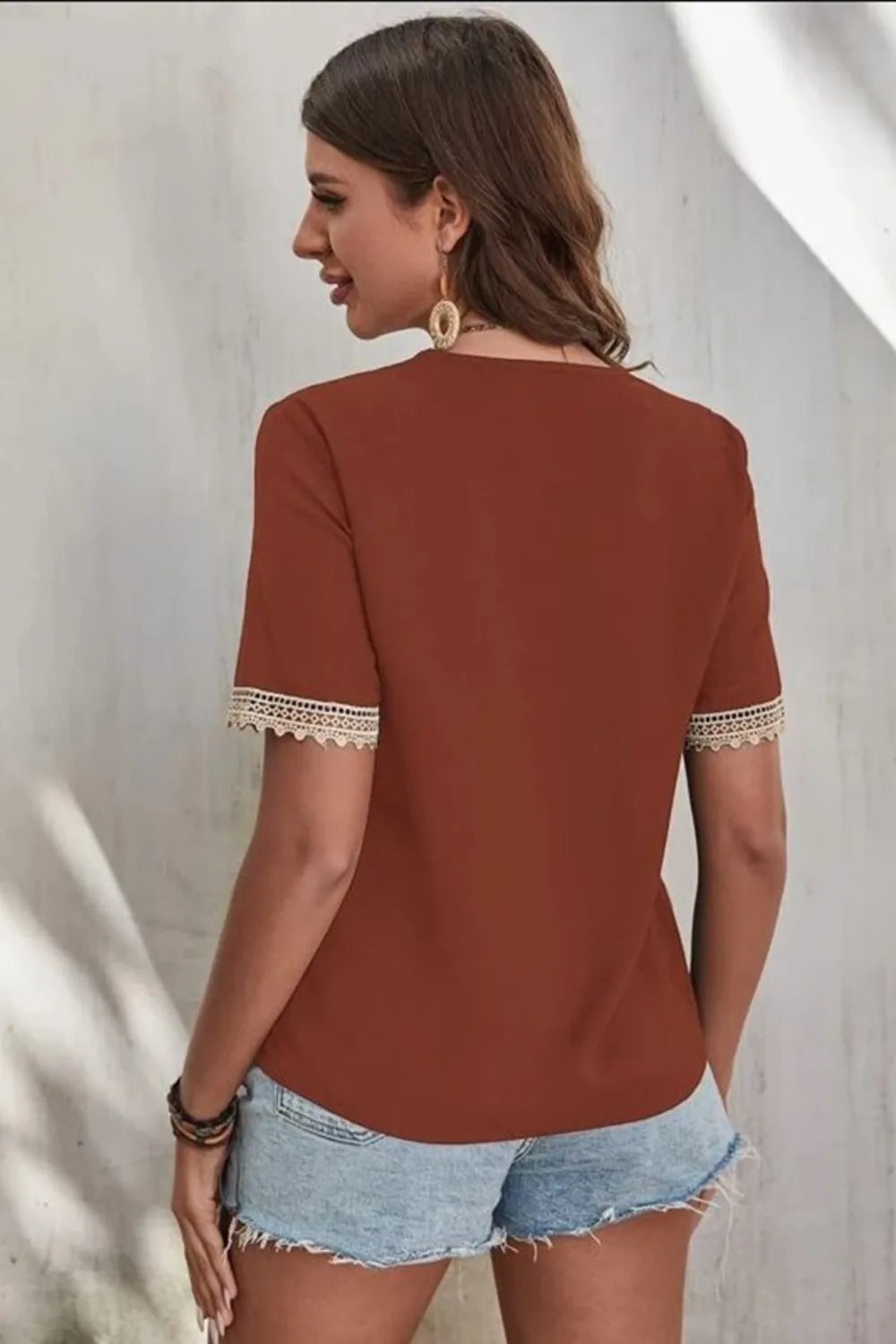 Full Size Lace Detail V-neck Short Sleeve Blouse Plus (3)