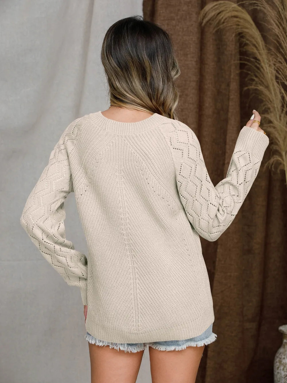 Openwork Round Neck Raglan Sleeve Sweater (5)
