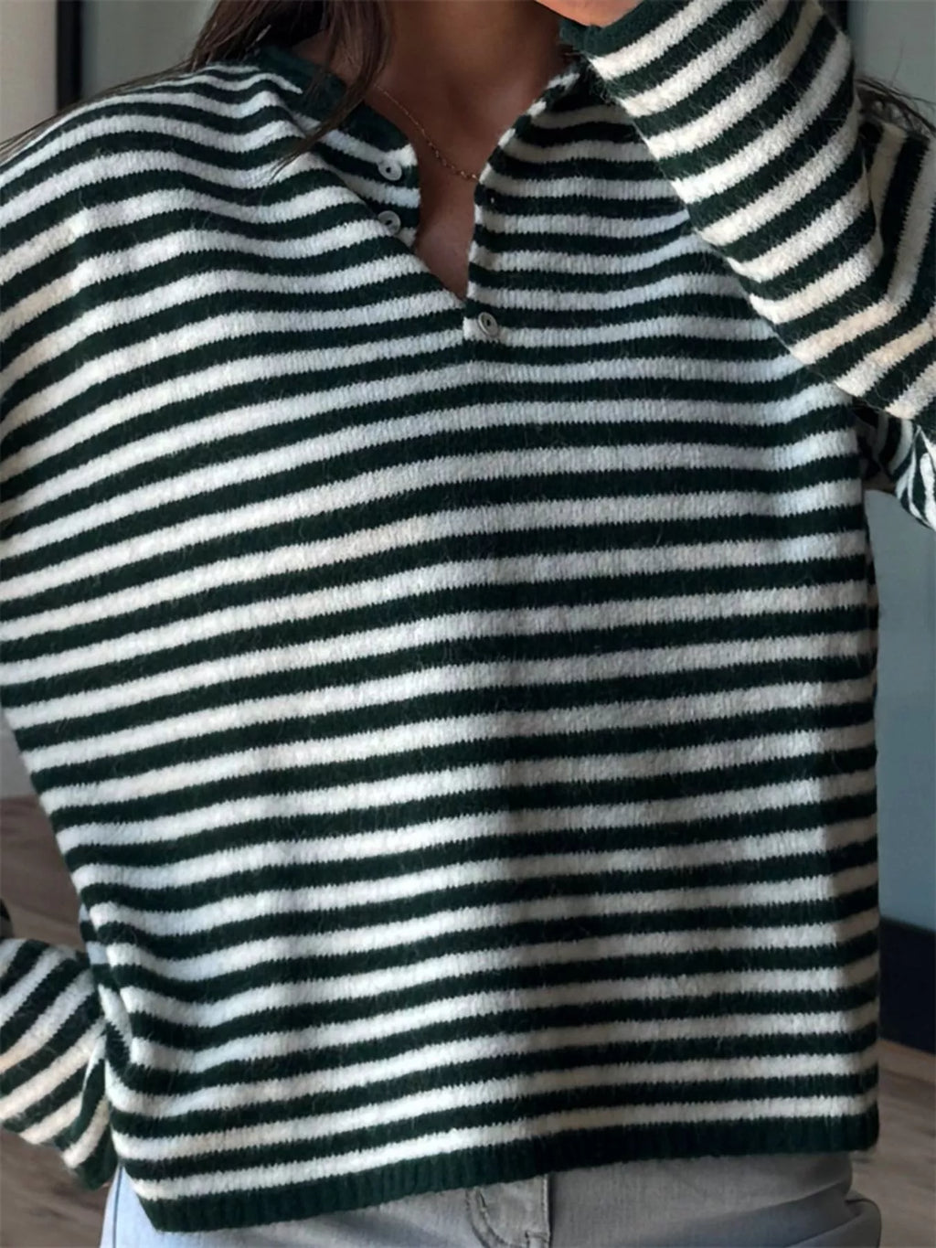 Button Detail Dropped Shoulder Striped Sweater (15)