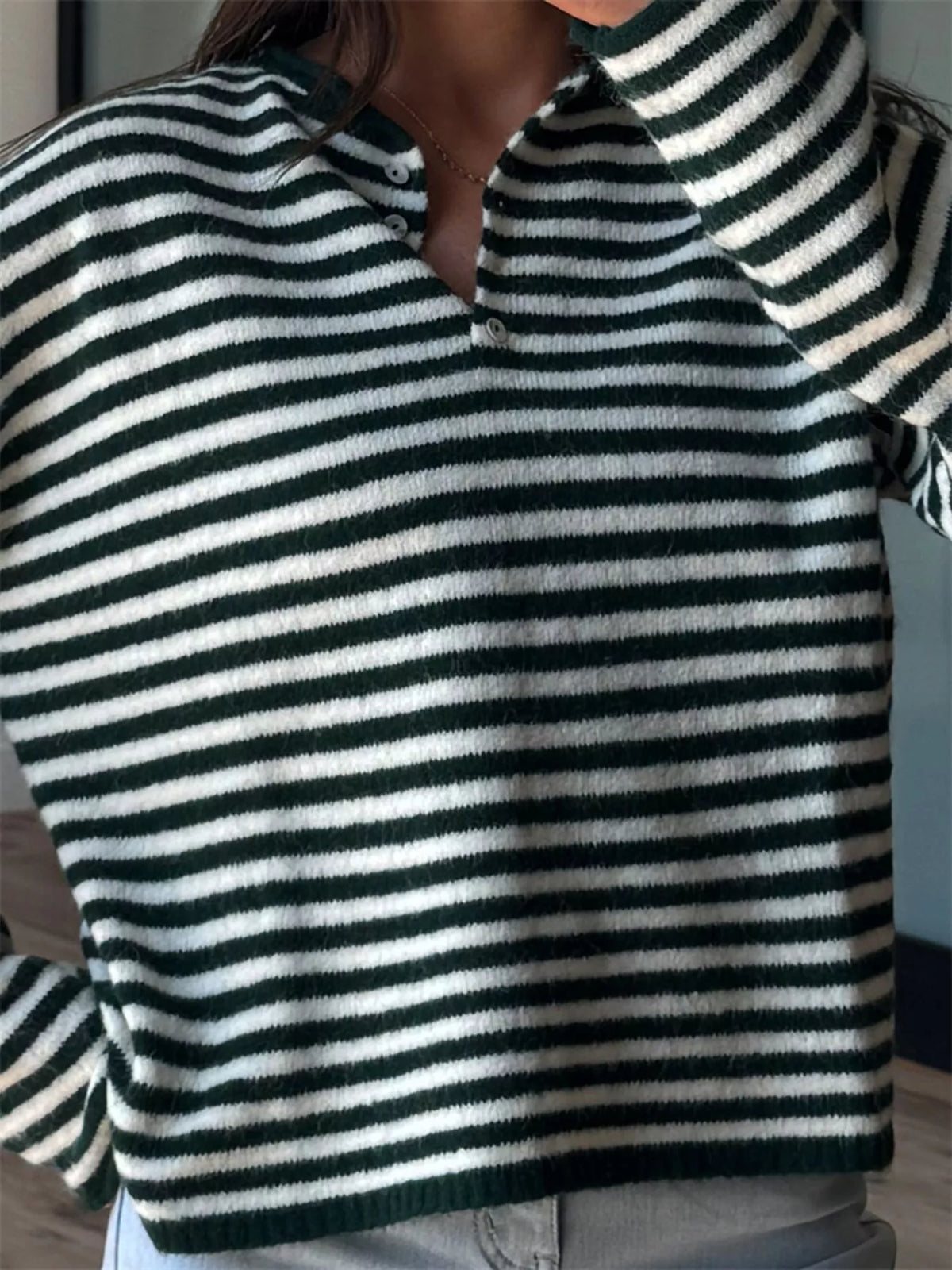 Button Detail Dropped Shoulder Striped Sweater (15)