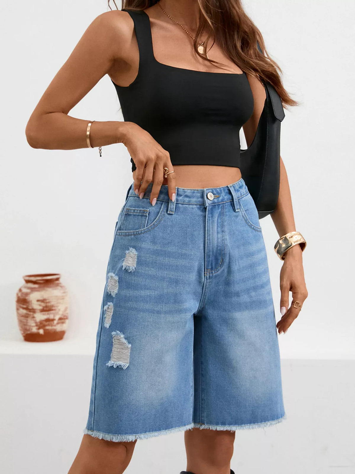 Ripped Frayed Hem Denim Shorts (5)
