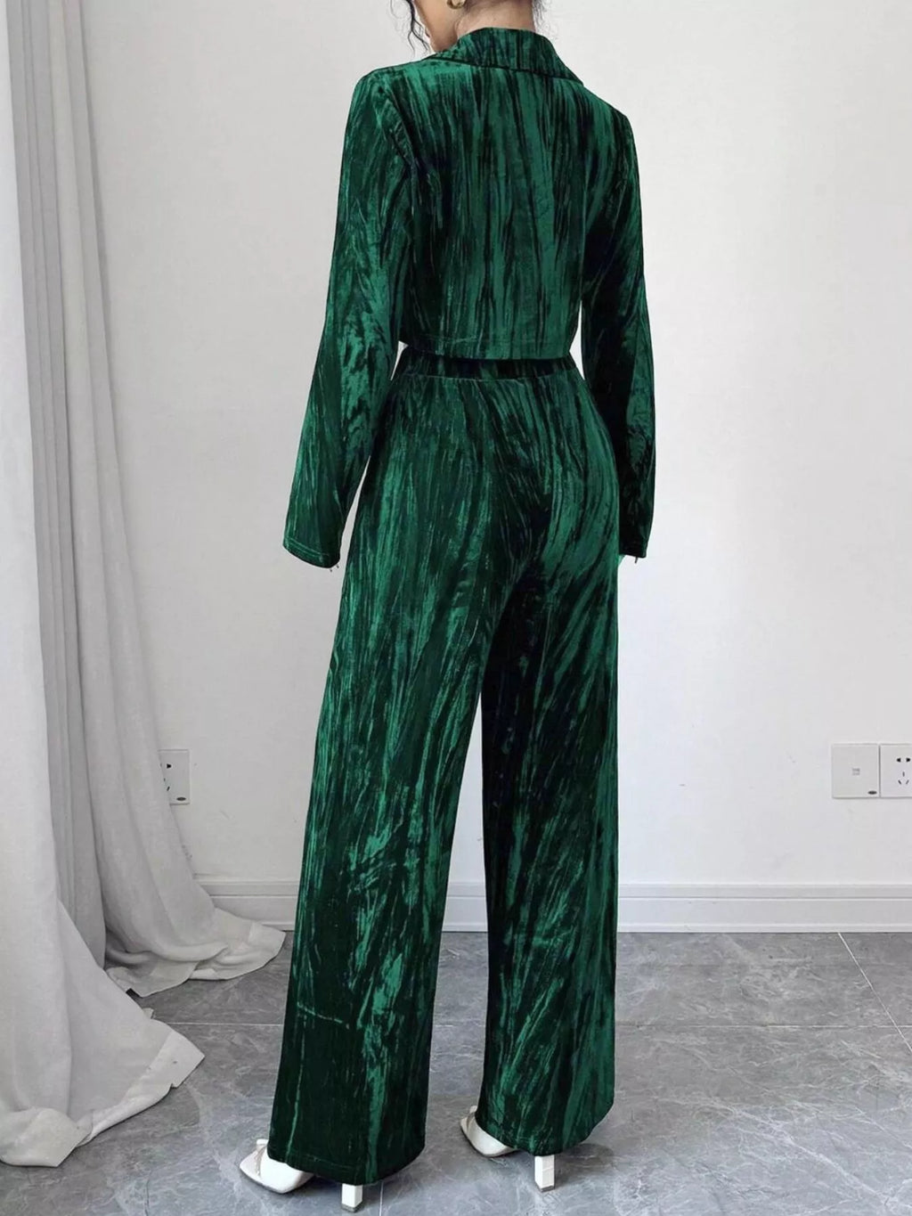Pleated Velvet Blazer Wide Leg Pants Set (9)