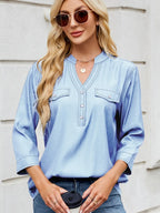 Notched Three-quarter Sleeve Denim Top (5)