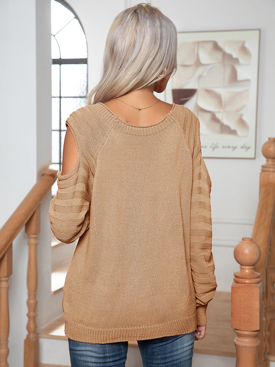 Decorative Button Cold-shoulder Sweater (15)
