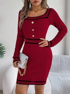 Contrast Trim Long Sleeve Sweater Dress (4)