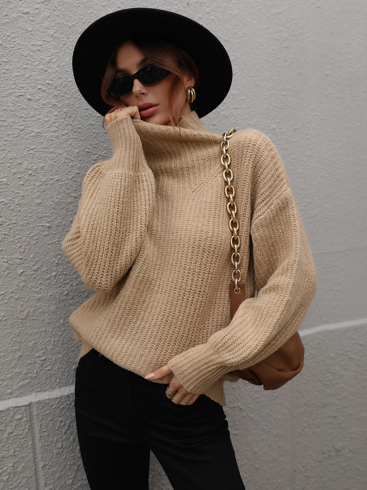High Neck Balloon Sleeve Rib-knit Pullover Sweater (9)
