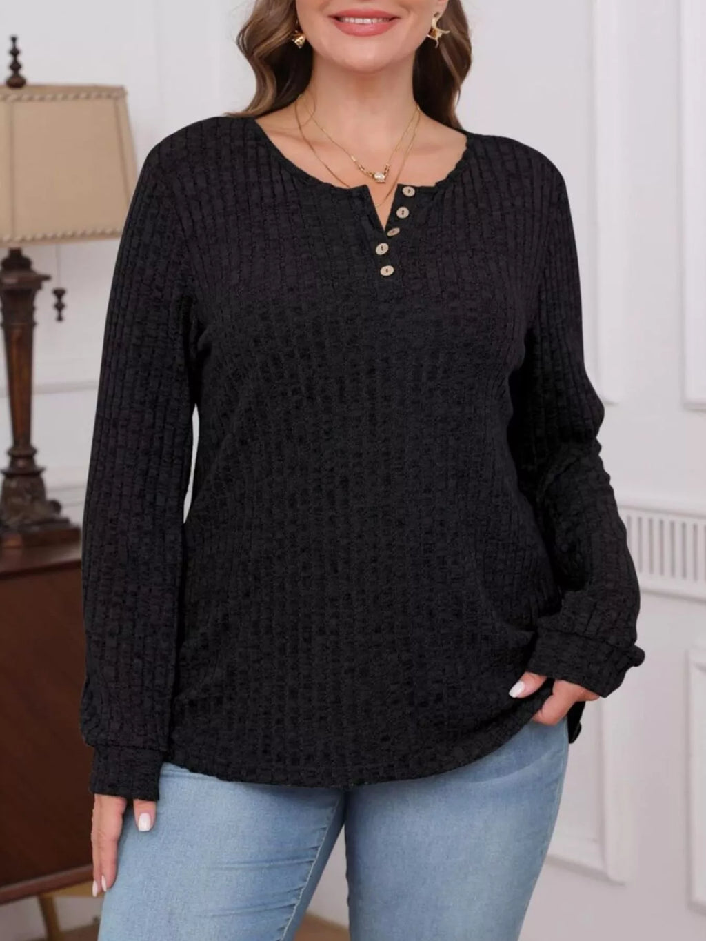 Ribbed Knit Button-front Long Sleeve T-shirt (4)