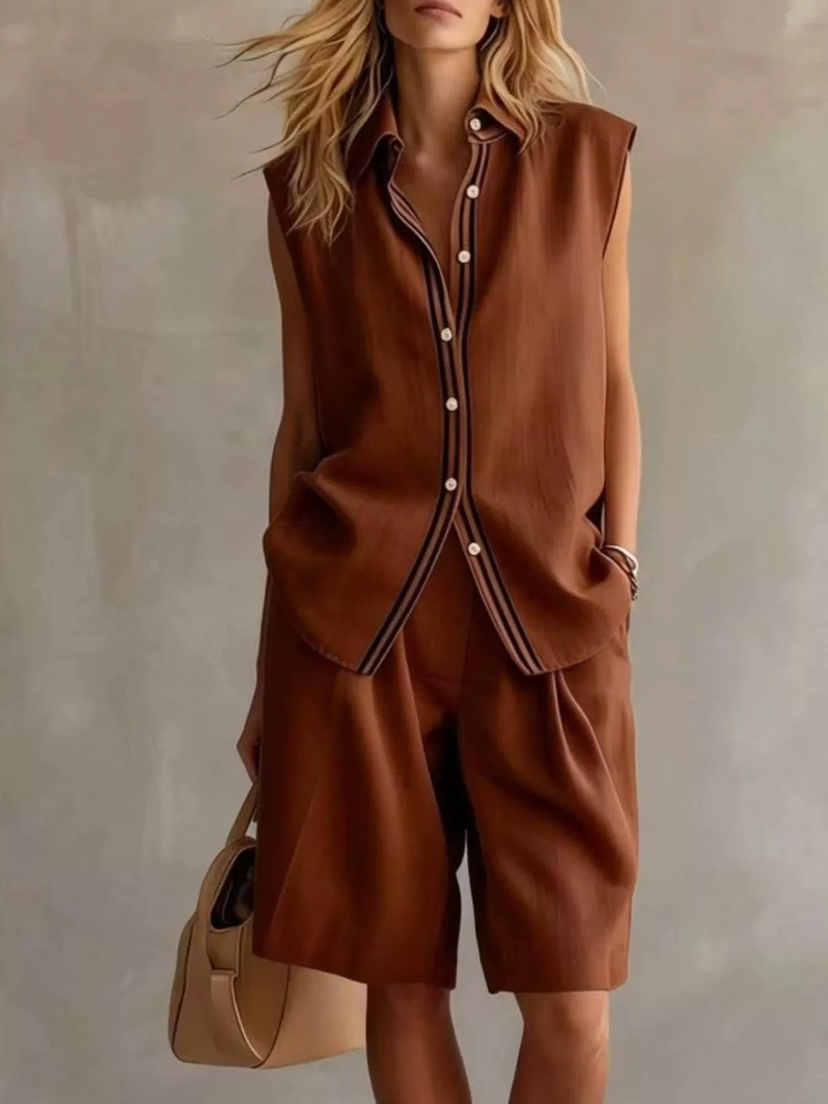 Sleeveless Button Up Top Shorts Set (4)