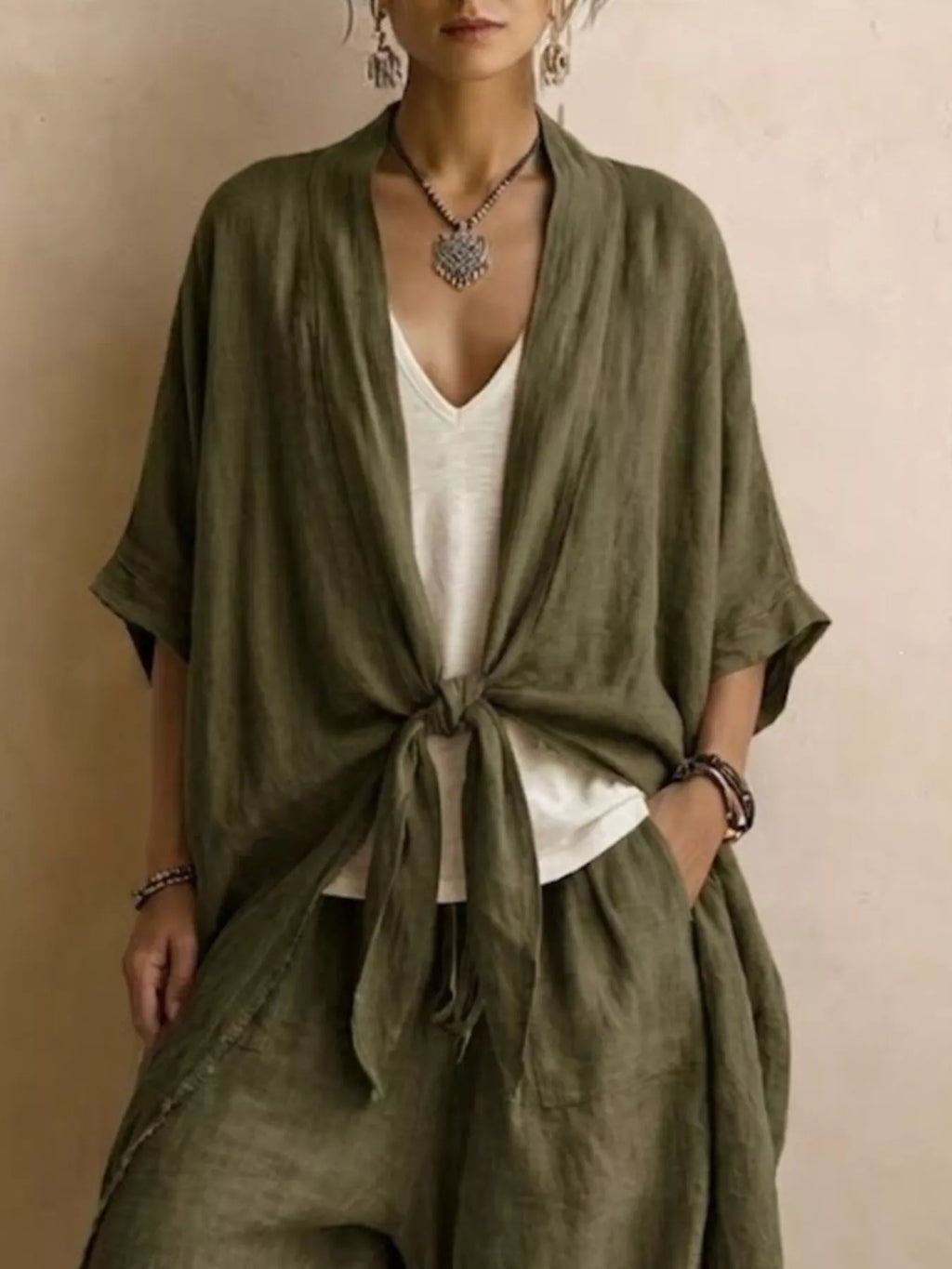 Full Size Tie-front Cardigan Wide-leg Pants Set Plus (8)