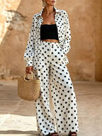 Full Size Polka Dot Shirt Wide-leg Pants Set Plus