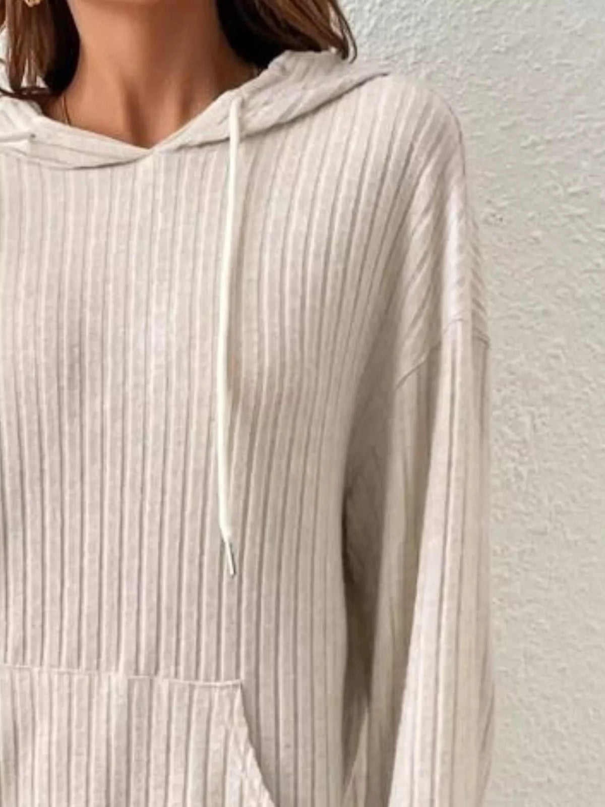 Ribbed Knit Long Sleeve Drawstring Hoodie (6)