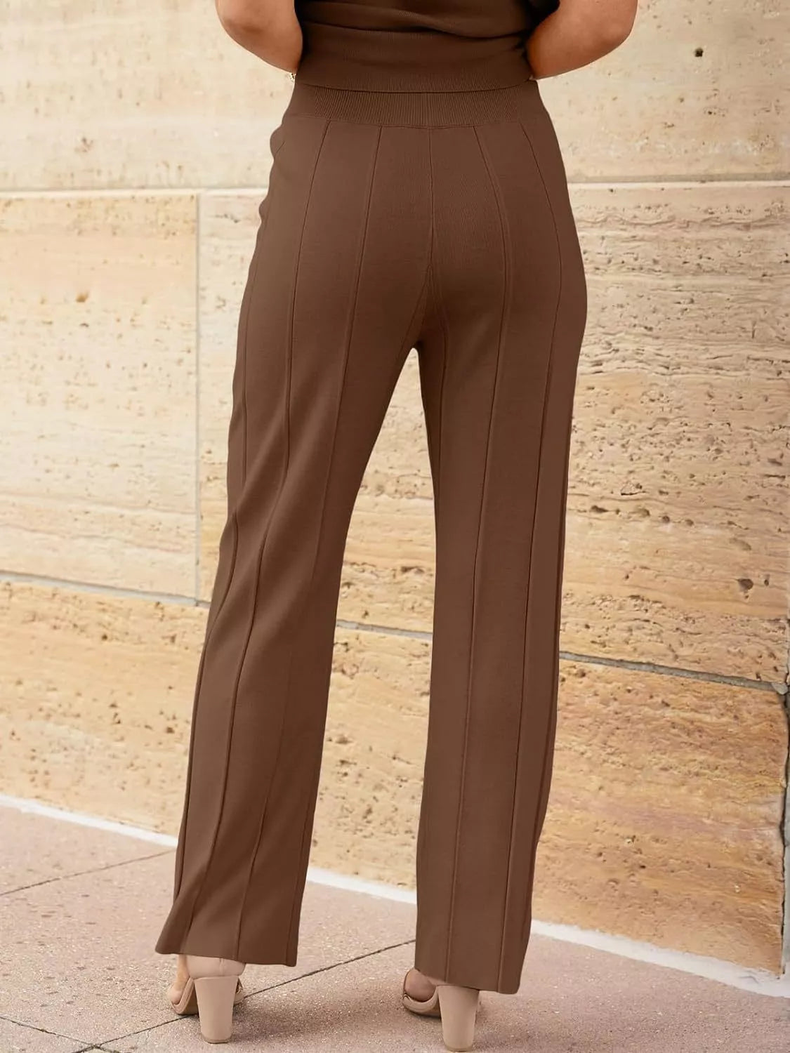Casual Solid Color Cap Sleeve Top Pants Knit Set (31)