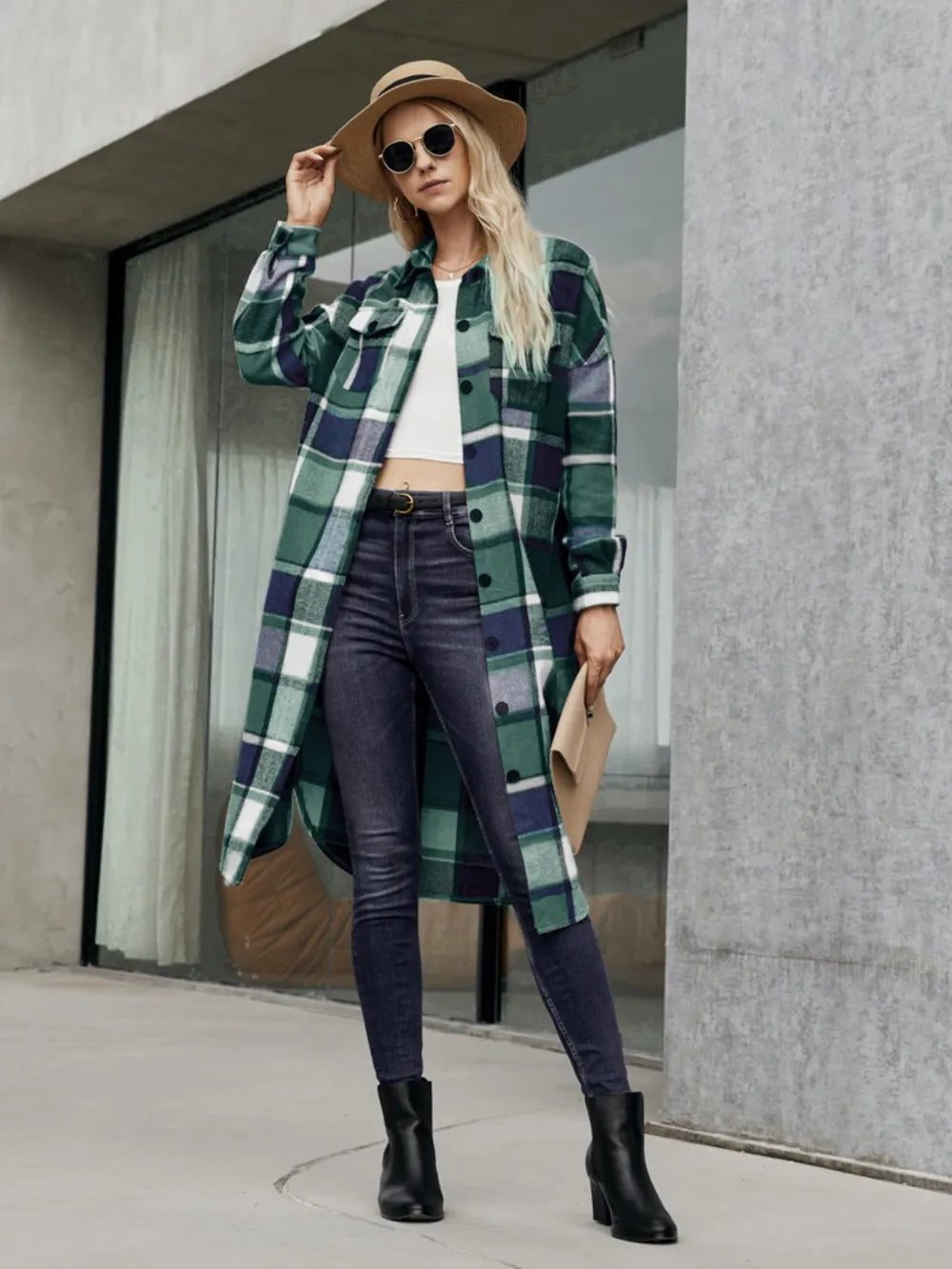 Plaid Pocketed Button Up Trench Coat (7)
