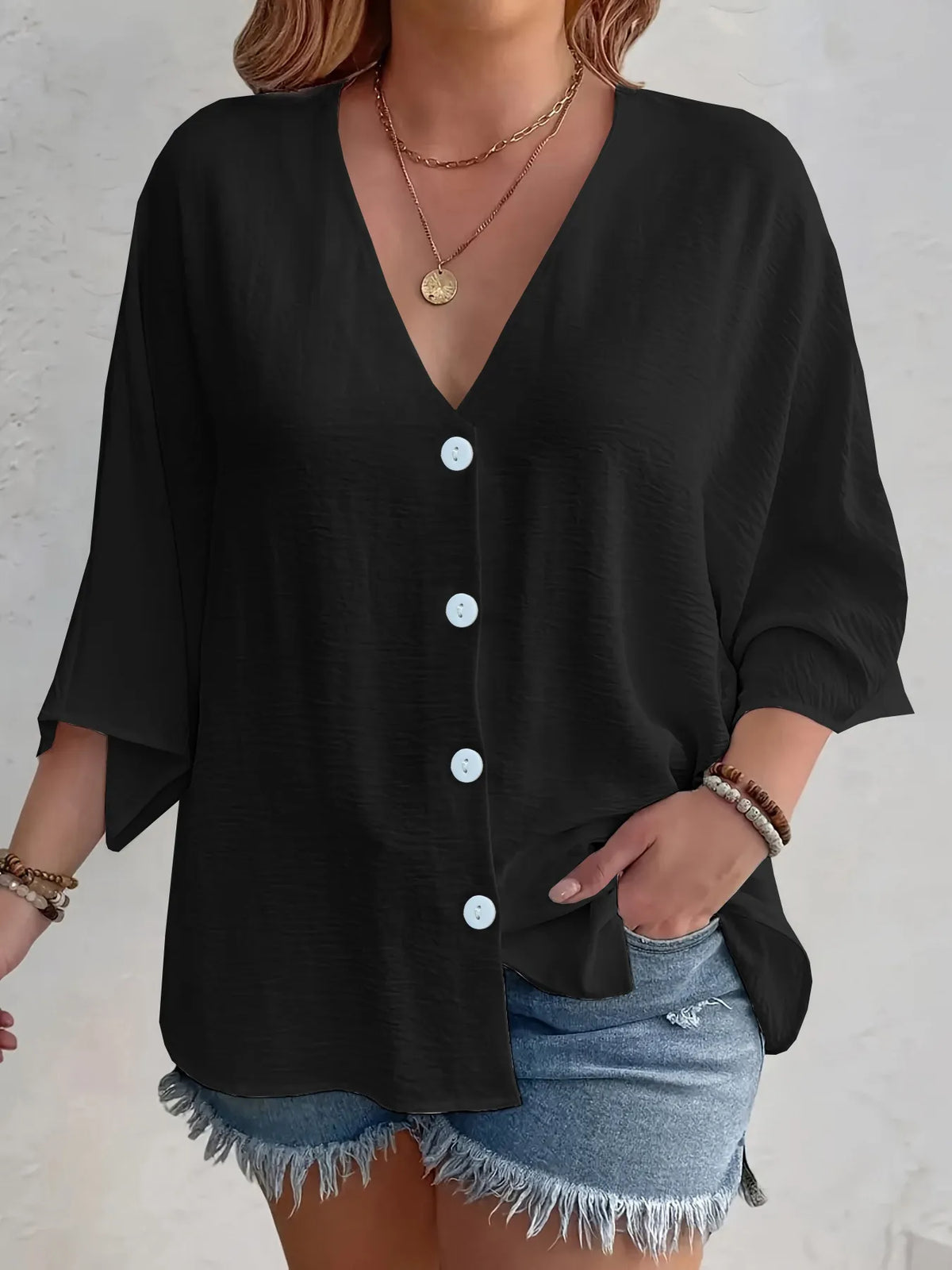 Full Size Casual V-neck Button Down Relaxed Fit Blouse Plus (10)