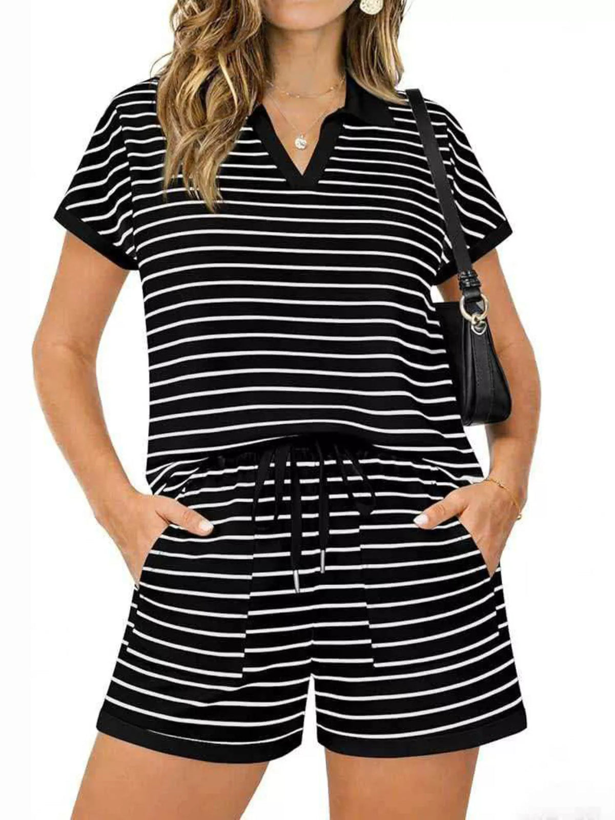 Striped Short Sleeve Polo Shorts Set (8)