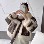 Sense Fox Fur Stitching Leather Coat variant CJYD202996601AZ|CJYD202996602BY|CJYD202996603CX