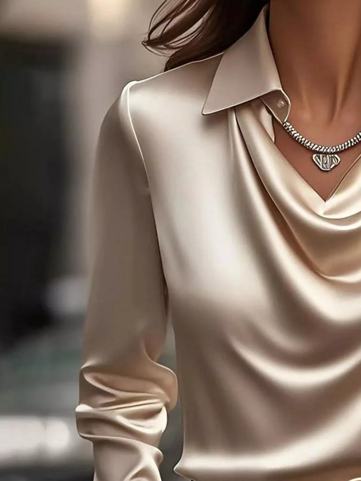 Ruched Long Sleeve Drape Collar Blouse (3)