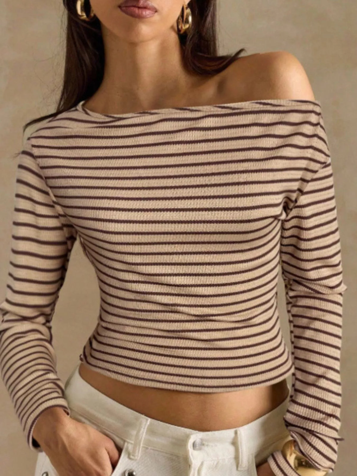 Off-shoulder Striped Ribbed Long Sleeve T-shirt (15)