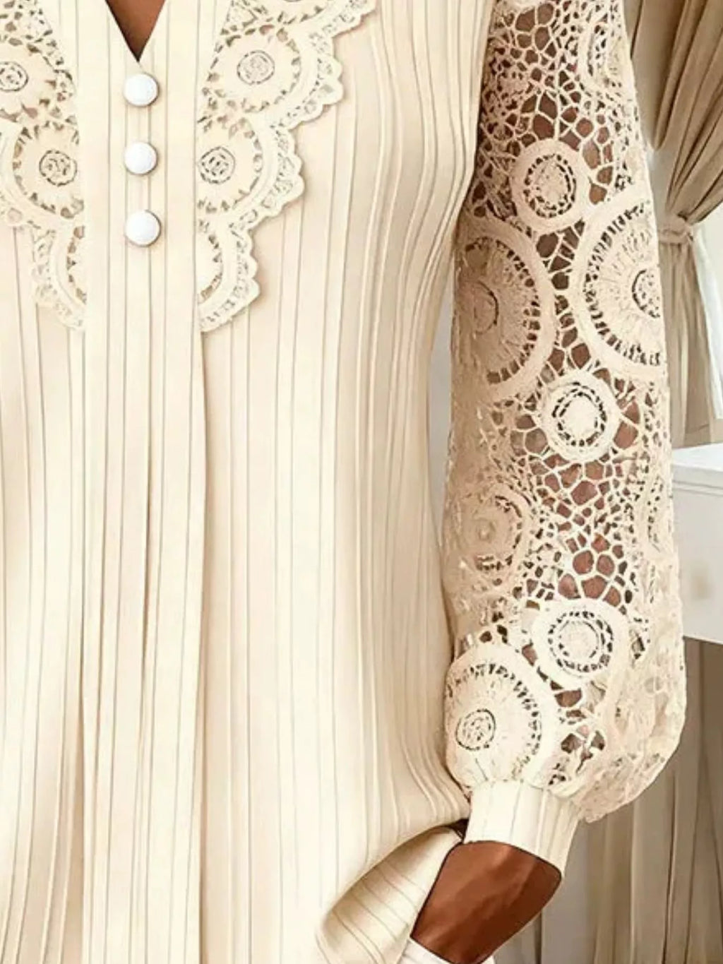 Lace Long Sleeve Notched Blouse (6)