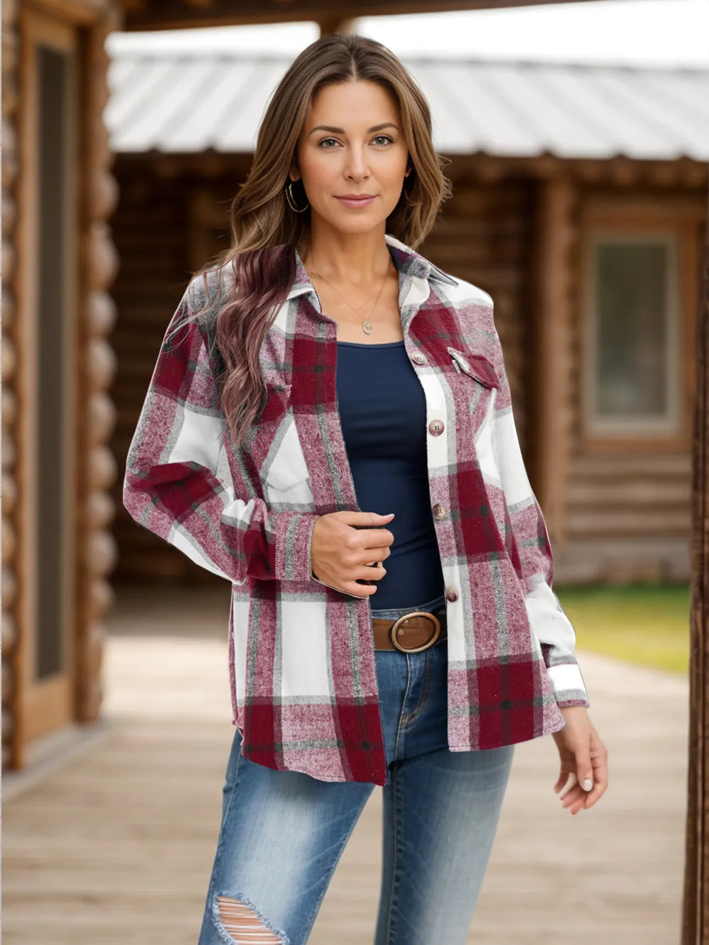 Full Size Pocketed Plaid Collared Neck Shacket (8)