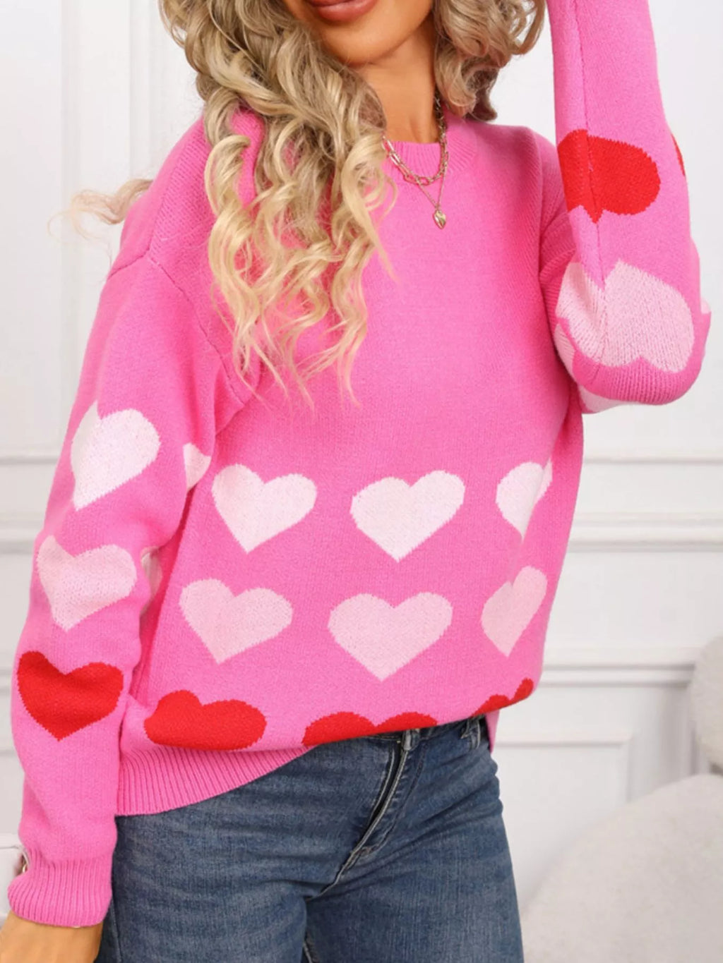 Valentine's Day Heart Pattern Crew Neck Sweater (9)