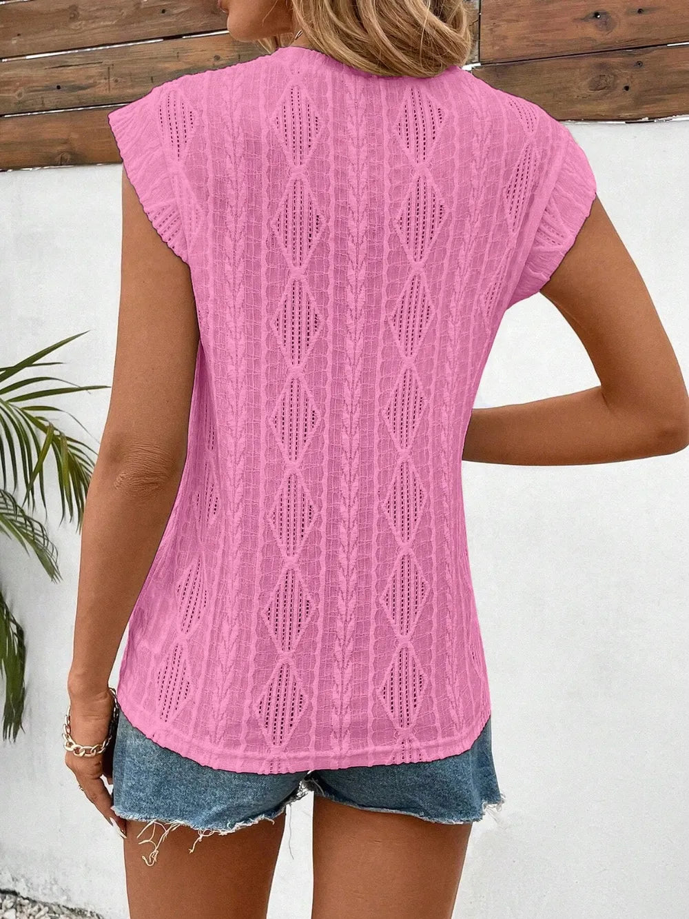 Eyelet Round Neck Cap Sleeve Top (20)