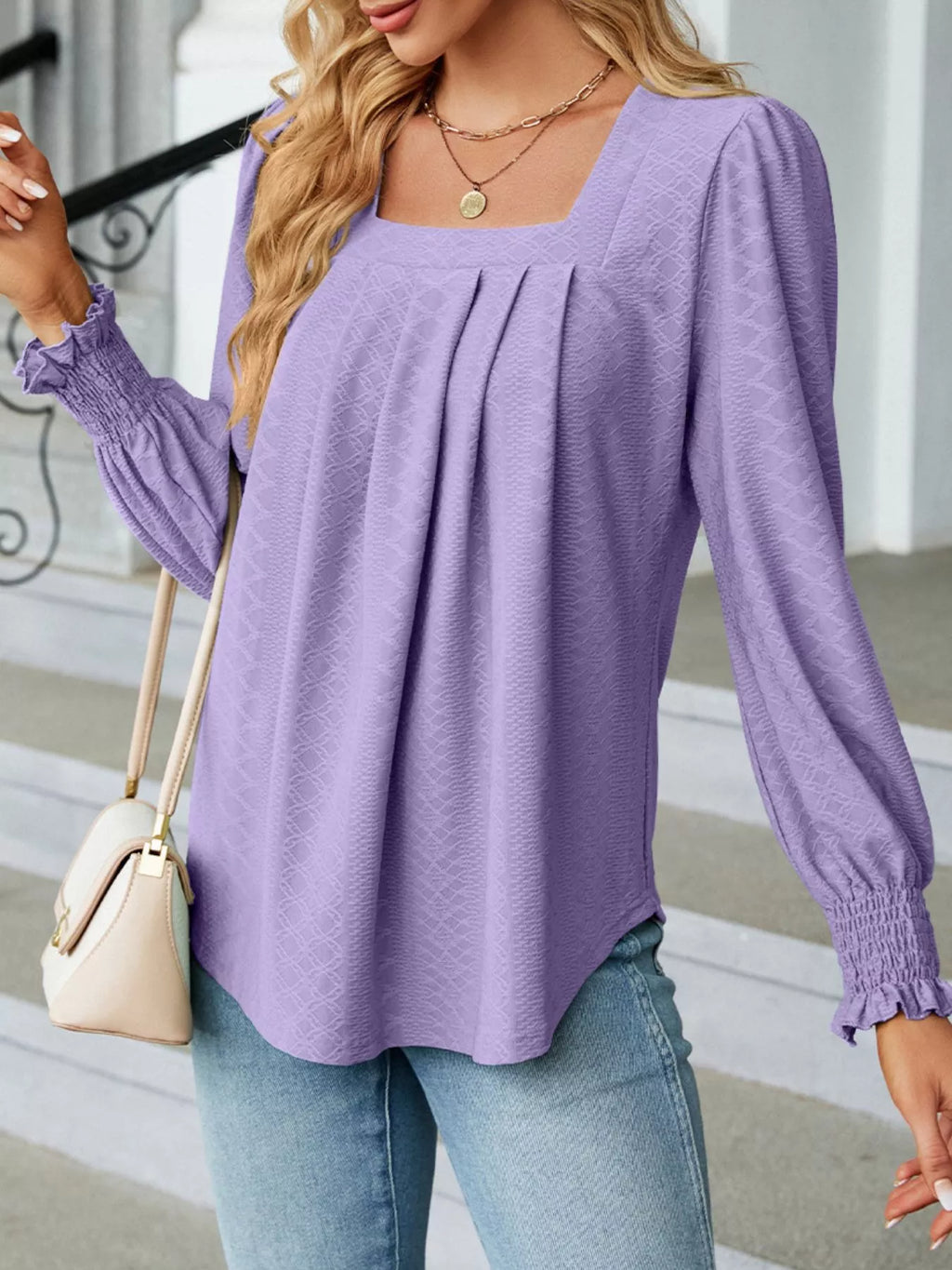 Pleated Square Neck Long Sleeve Top (24)