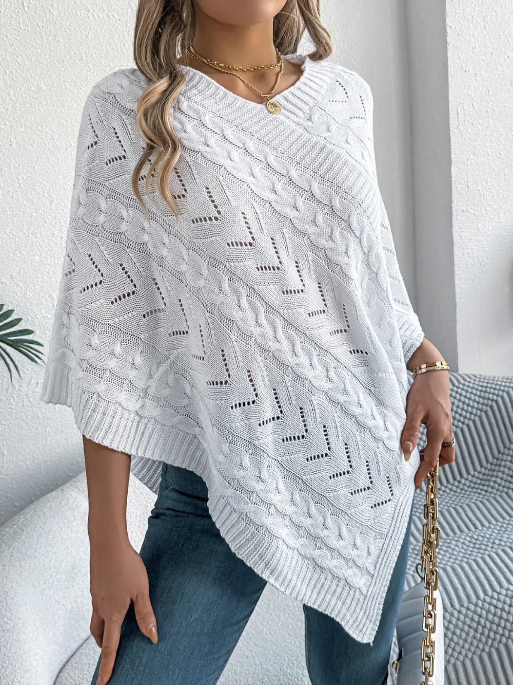 Cable-knit Openwork Three-quarter Sleeve Sweater (5)