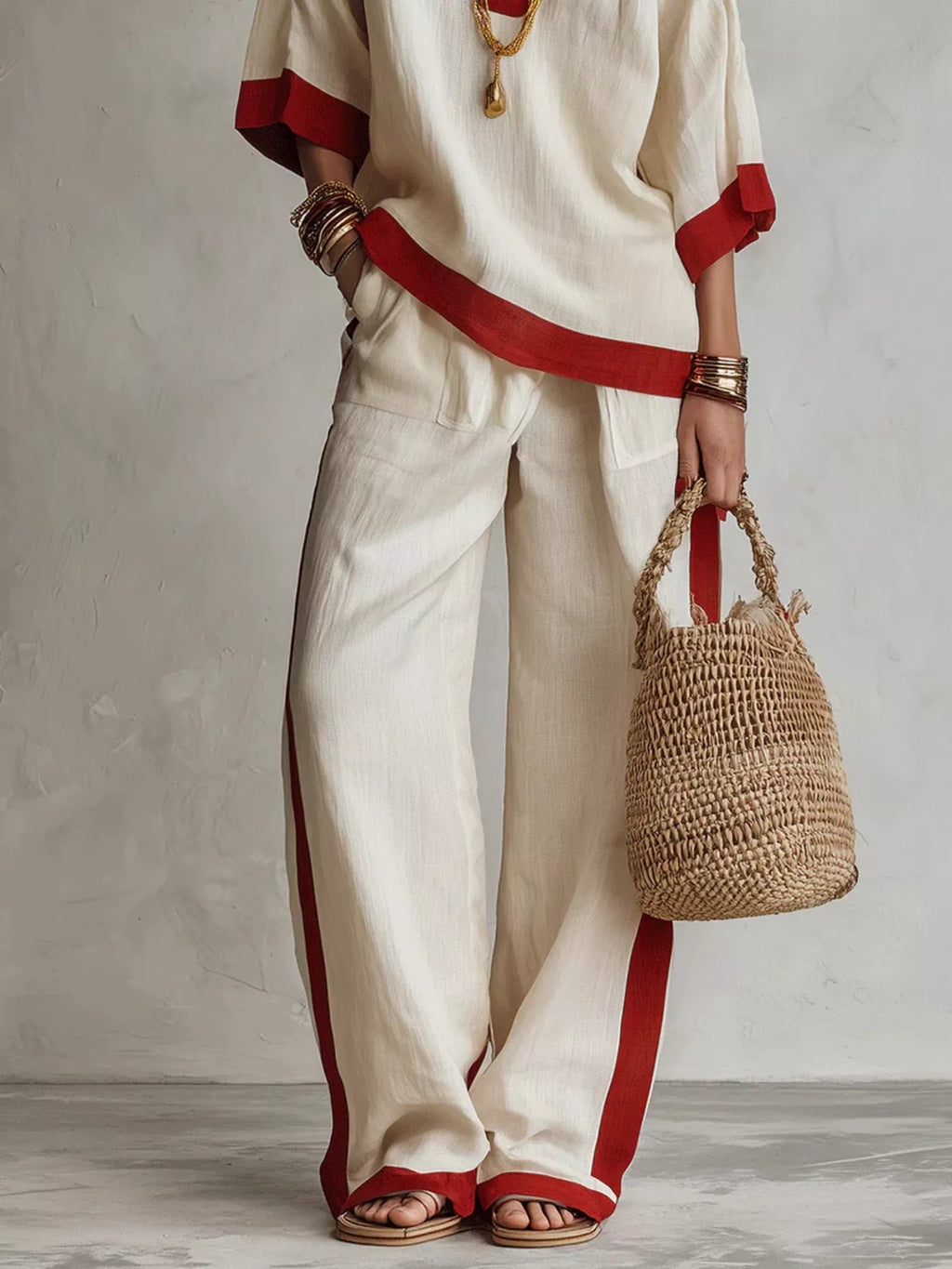 Full Size Contrast Trim Top Wide Leg Pants Set Plus (3)