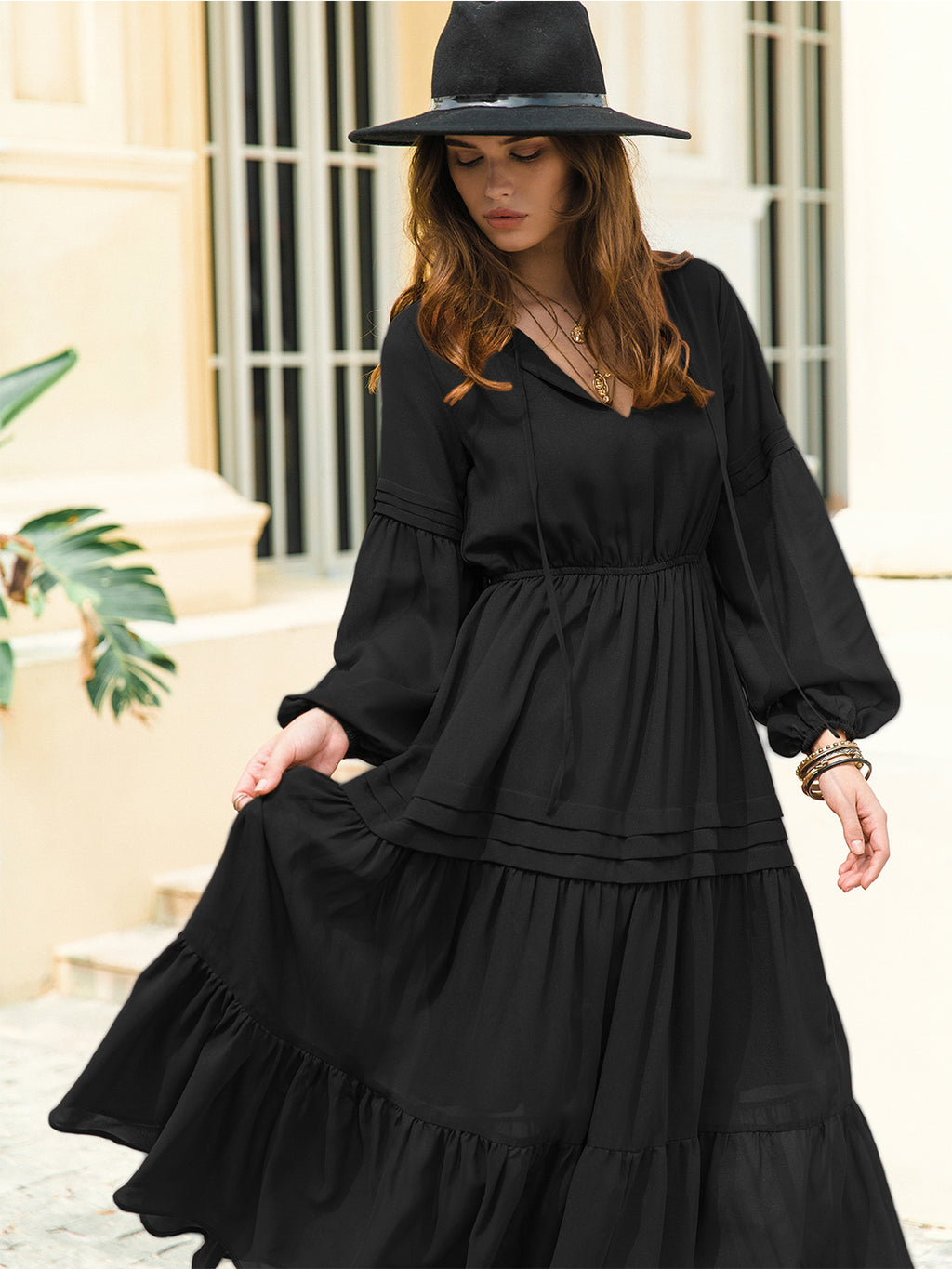 Tie Neck Long Sleeve Midi Tiered Dress (3)