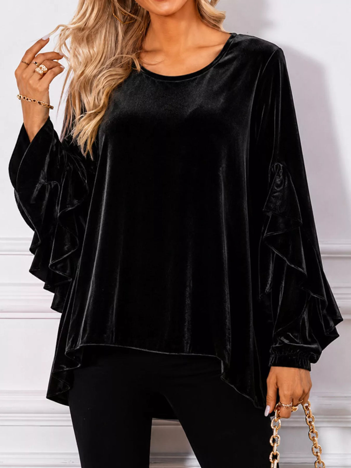 Velvet Round Neck Ruffle Sleeve Top (4)