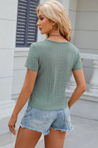 Eyelet Ruched Round Neck Short Sleeve T-shirt (16)