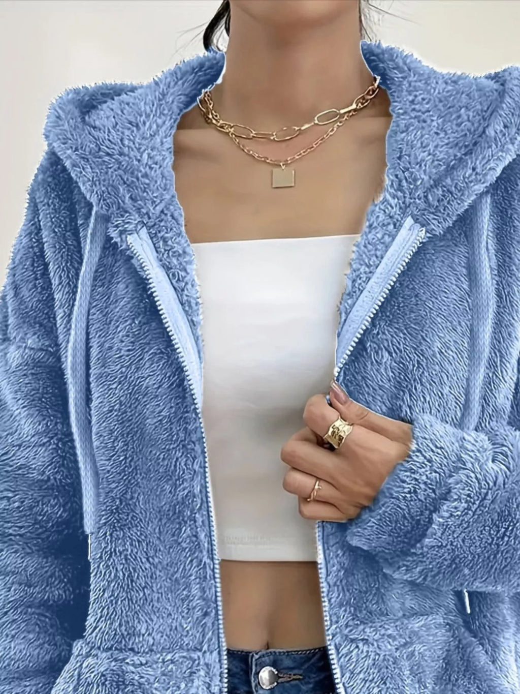 Drawstring Fleece Zip-up Outerwear (2)