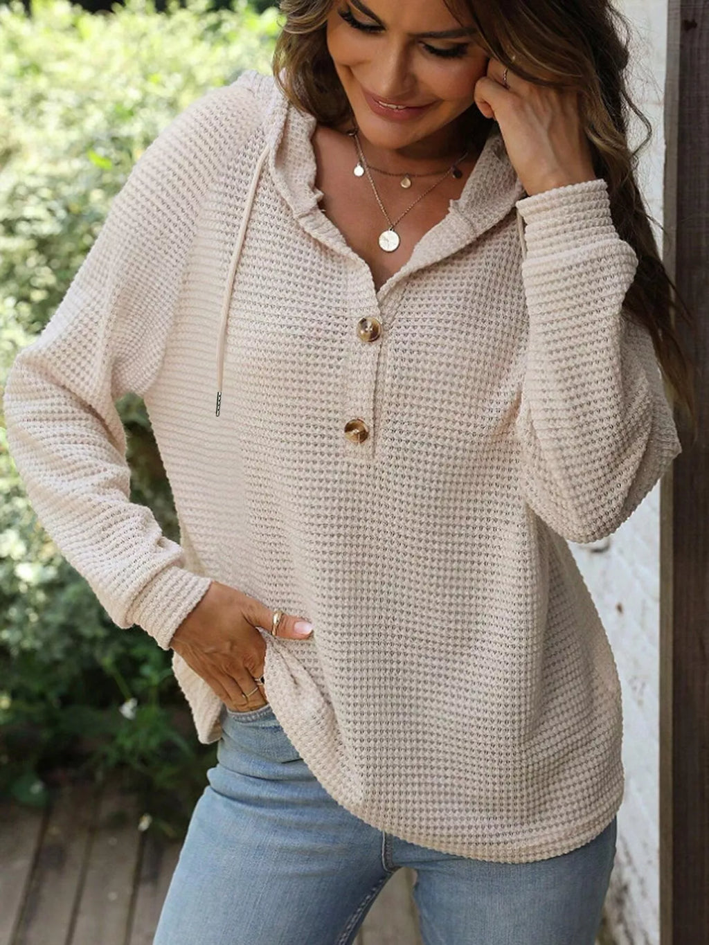 Waffle Knit Button Detail Hoodie (19)
