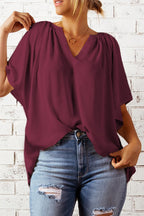 Gathered Detail Notched Neck Flutter Sleeve Top (13)