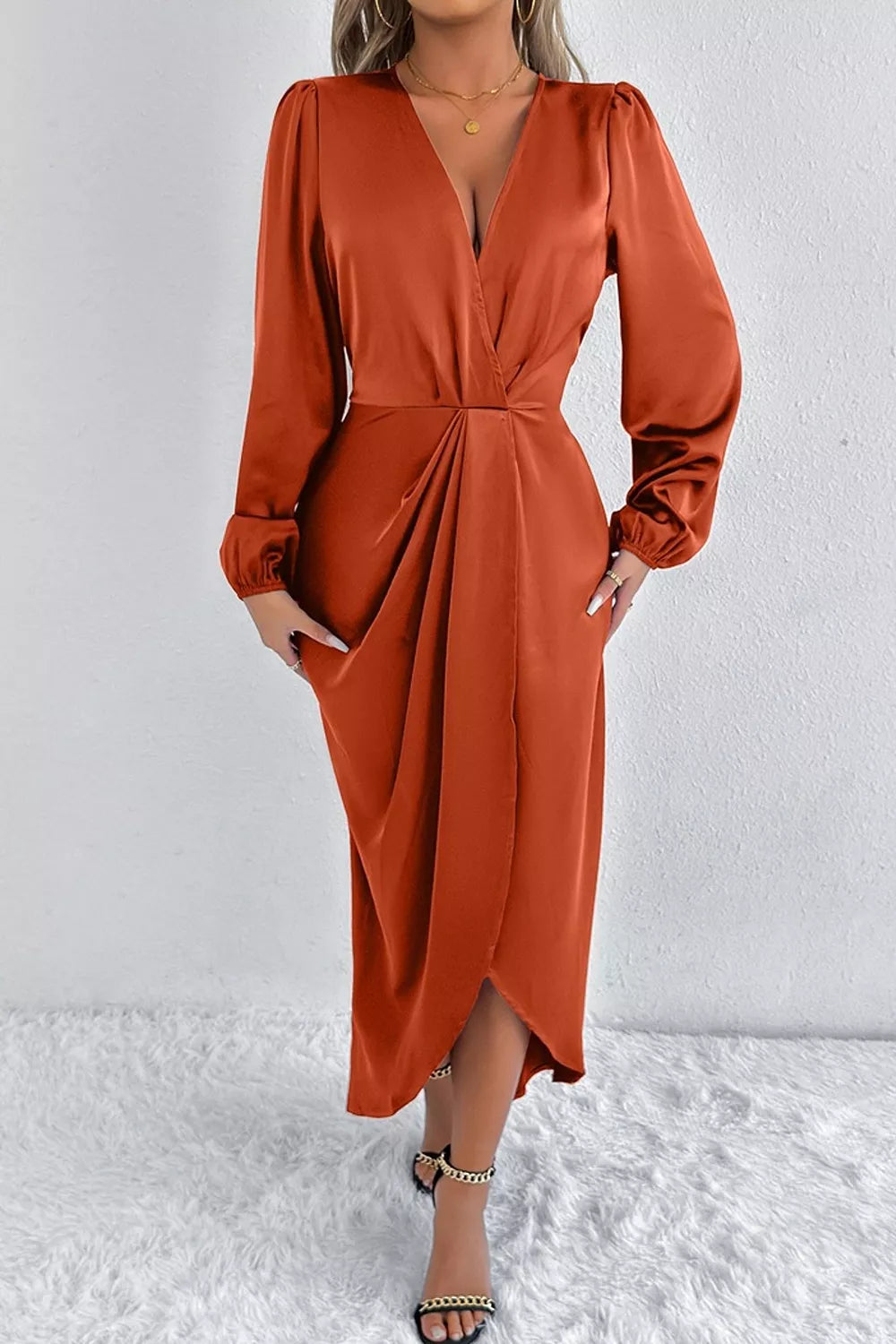 Satin Balloon Sleeve Midi Dress (18)
