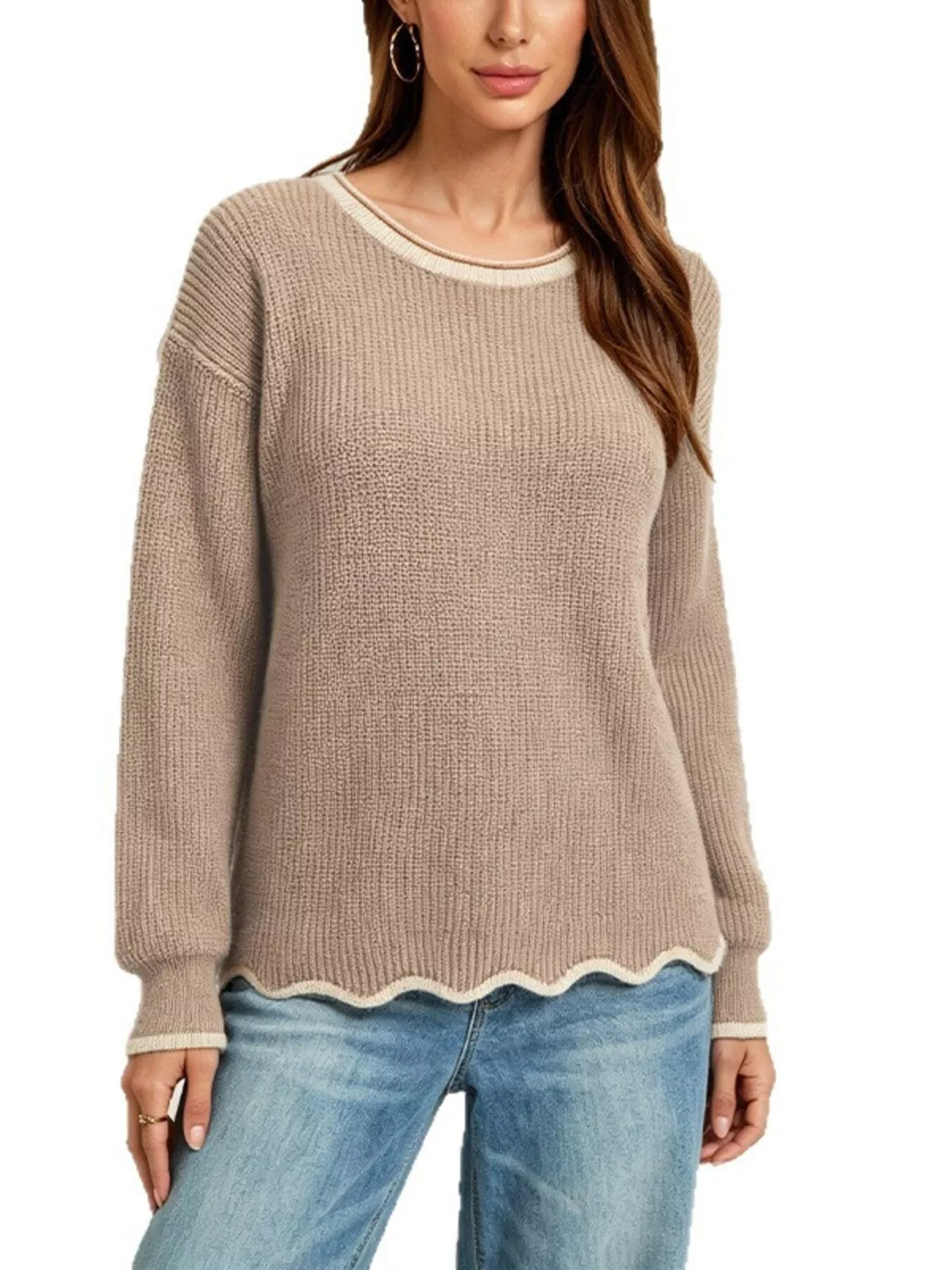 Contrast Trim Scalloped Hem Ribbed Knit Sweater (11)