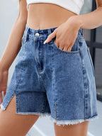 Raw Hem Slit Denim Shorts (9)