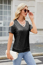 Sequin Crisscross V-neck Cold Shoulder Blouse (2)