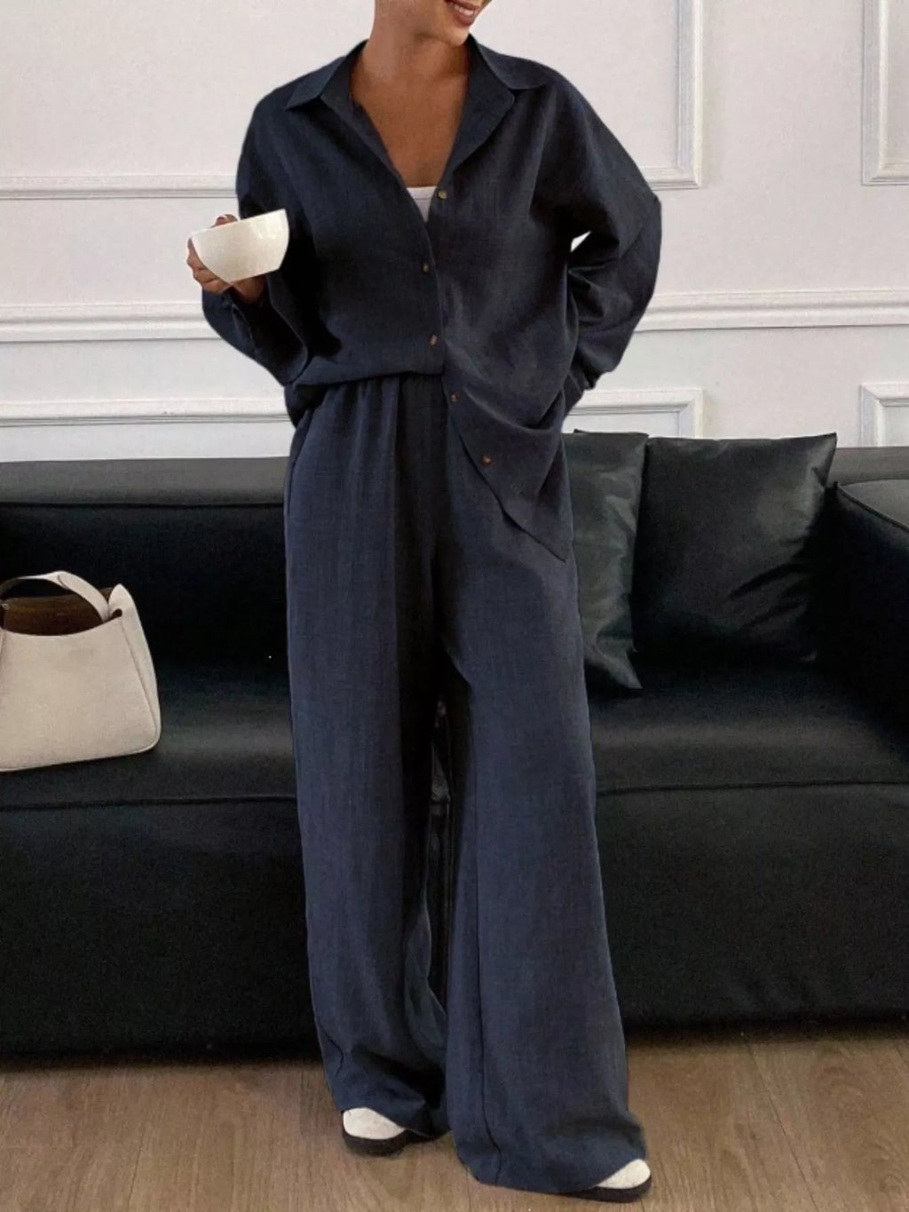 Button-down Shirt Wide-leg Pants Set (7)