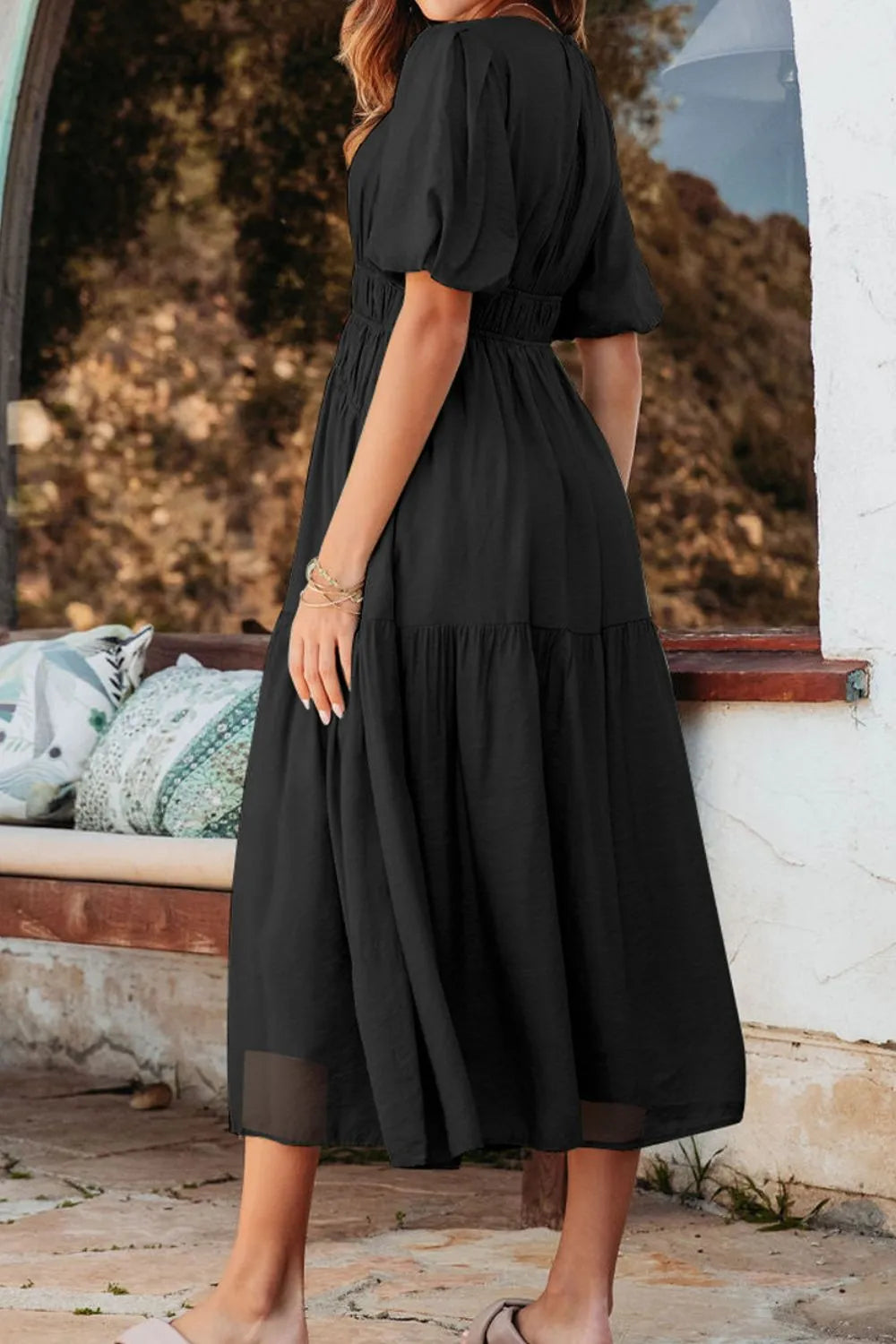 Puff Sleeve Pleated High Waist Flowy Midi Dress (14)