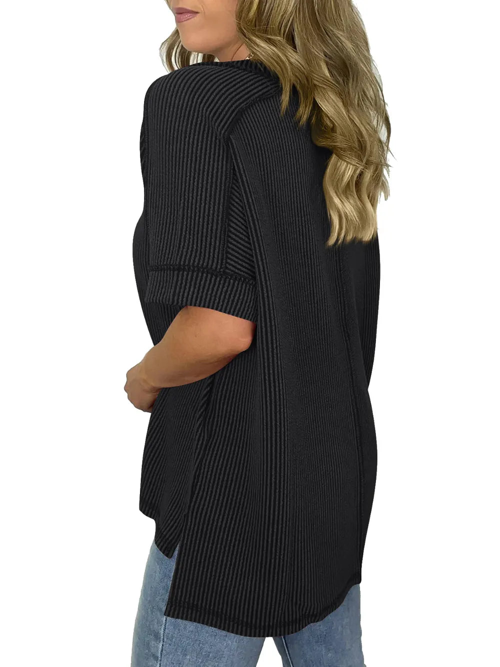 Cord Ribbed V-neck Short Sleeve T-shirt (24)