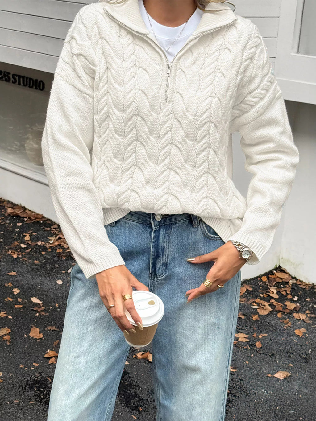 Zip Collar Cable-knit Sweater (3)