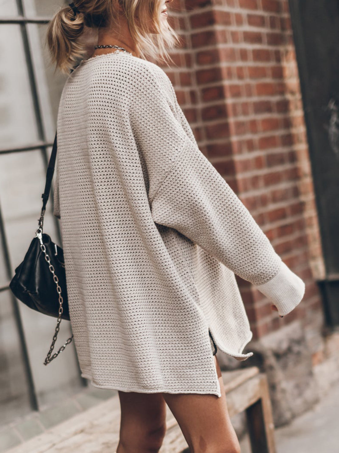 Openwork Round Neck Long Sleeve Slit Sweater (2)
