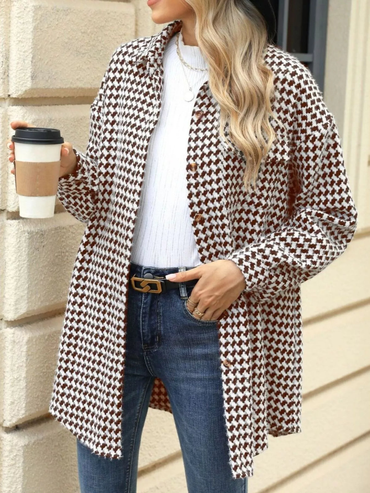 Houndstooth Button Up Long Sleeve Coat (14)