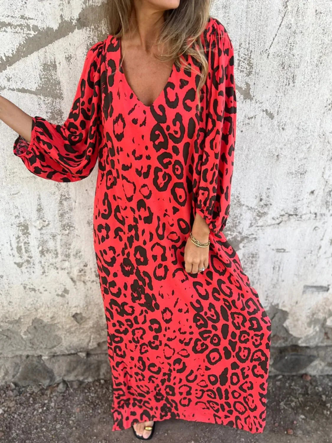 Full Size Printed V-neck Dress Pockets Plus (29)
