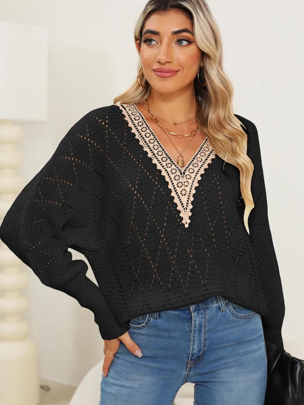 Lace Detail V-neck Long Sleeve Sweater (6)